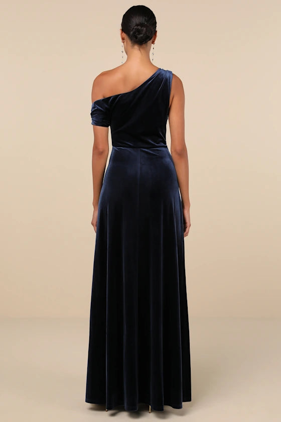 Navy Blue Velvet sheath-column one-shoulder zipper-back floor-length Dress Back View - Aabei Dress