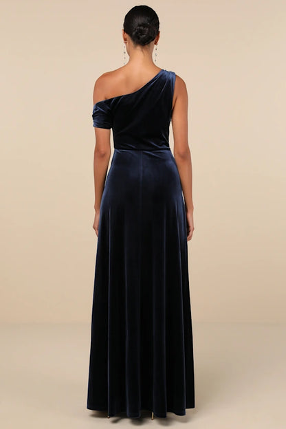 Navy Blue Velvet sheath-column one-shoulder zipper-back floor-length Dress Back View - Aabei Dress