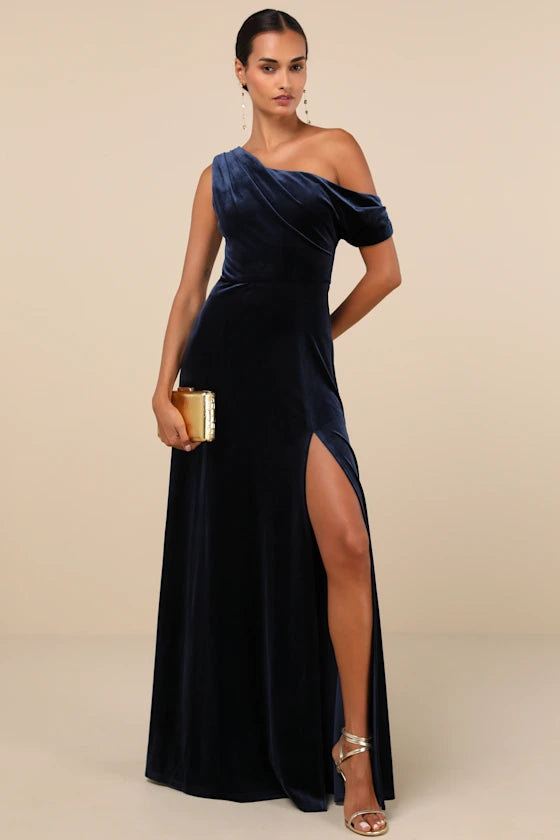 Navy Blue Velvet sheath-column one-shoulder zipper-back floor-length Dress Front View - Aabei Dress