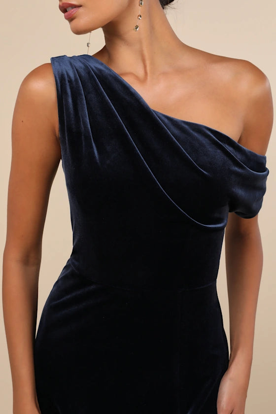 Navy Blue Velvet sheath-column one-shoulder zipper-back floor-length Dress - Aabei Dress