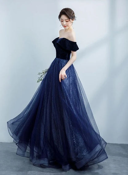 Navy Off Shoulder Velvet Bodice Glitter Tulle A Line Prom Dress