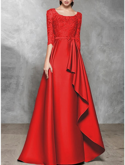 A-Line Evening Gown Black Dress Plus Size Elegant Dress Formal Wedding Floor Length Half Sleeve Scoop Neck Satin with Pleats Mother of the Bride Dresses