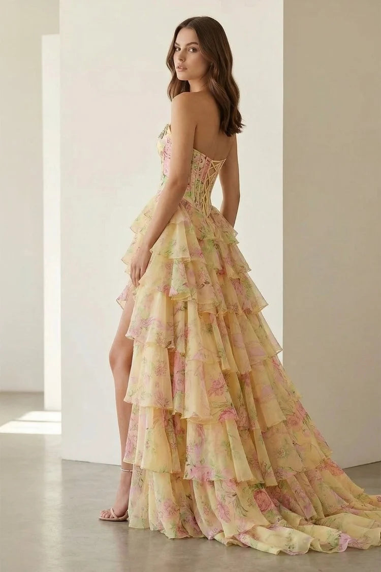 Pale Yellow Strapless Floral Corset Gown Beaded Tiered Ruffle High Slit Lace Up Back Prom Dress