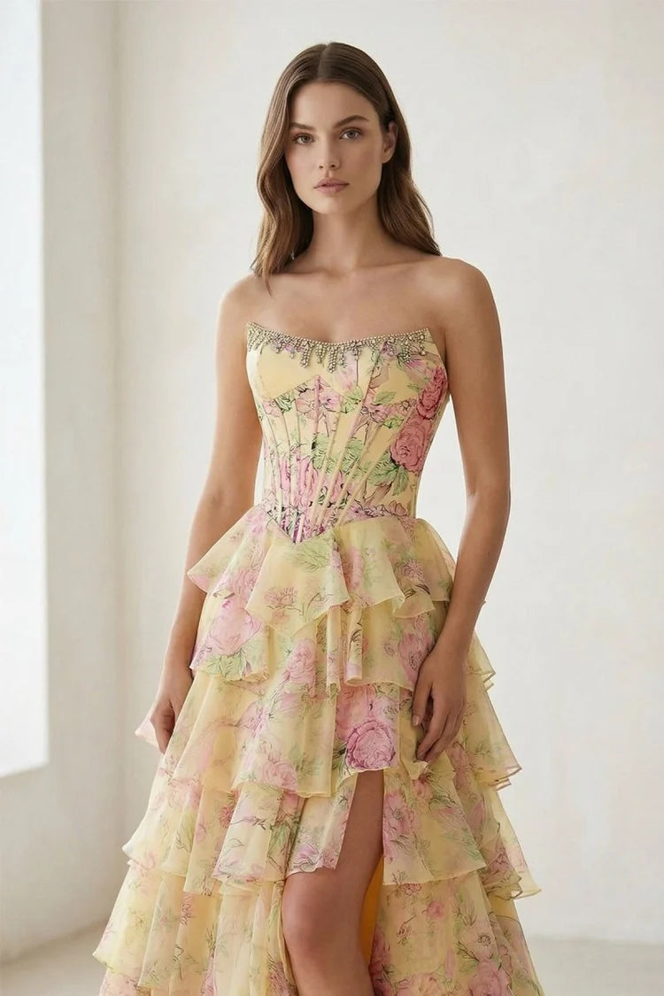 Pale Yellow Strapless Floral Corset Gown Beaded Tiered Ruffle High Slit Lace Up Back Prom Dress