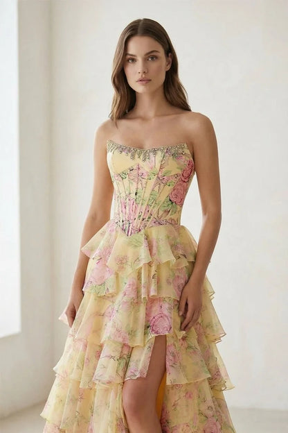 Pale Yellow Strapless Floral Corset Gown Beaded Tiered Ruffle High Slit Lace Up Back Prom Dress