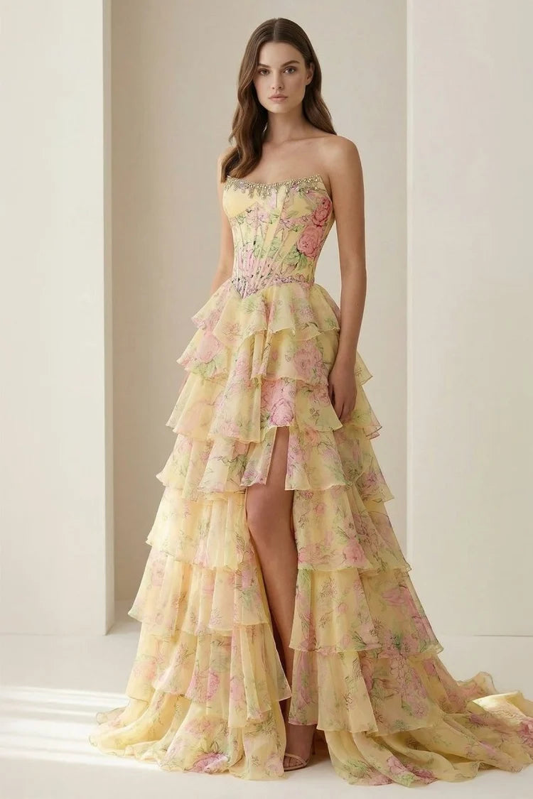 Pale Yellow Strapless Floral Corset Gown Beaded Tiered Ruffle High Slit Lace Up Back Prom Dress