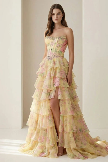 Pale Yellow Strapless Floral Corset Gown Beaded Tiered Ruffle High Slit Lace Up Back Prom Dress