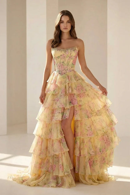 Pale Yellow Strapless Floral Corset Gown Beaded Tiered Ruffle High Slit Lace Up Back Prom Dress
