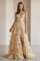 Pale Yellow Strapless Floral Corset Gown Beaded Tiered Ruffle High Slit Lace Up Back Prom Dress