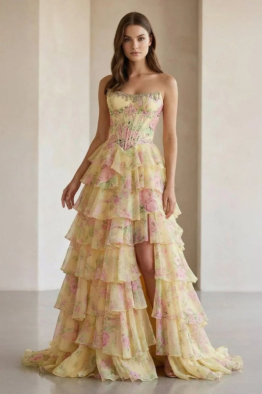 Pale Yellow Strapless Floral Corset Gown Beaded Tiered Ruffle High Slit Lace Up Back Prom Dress
