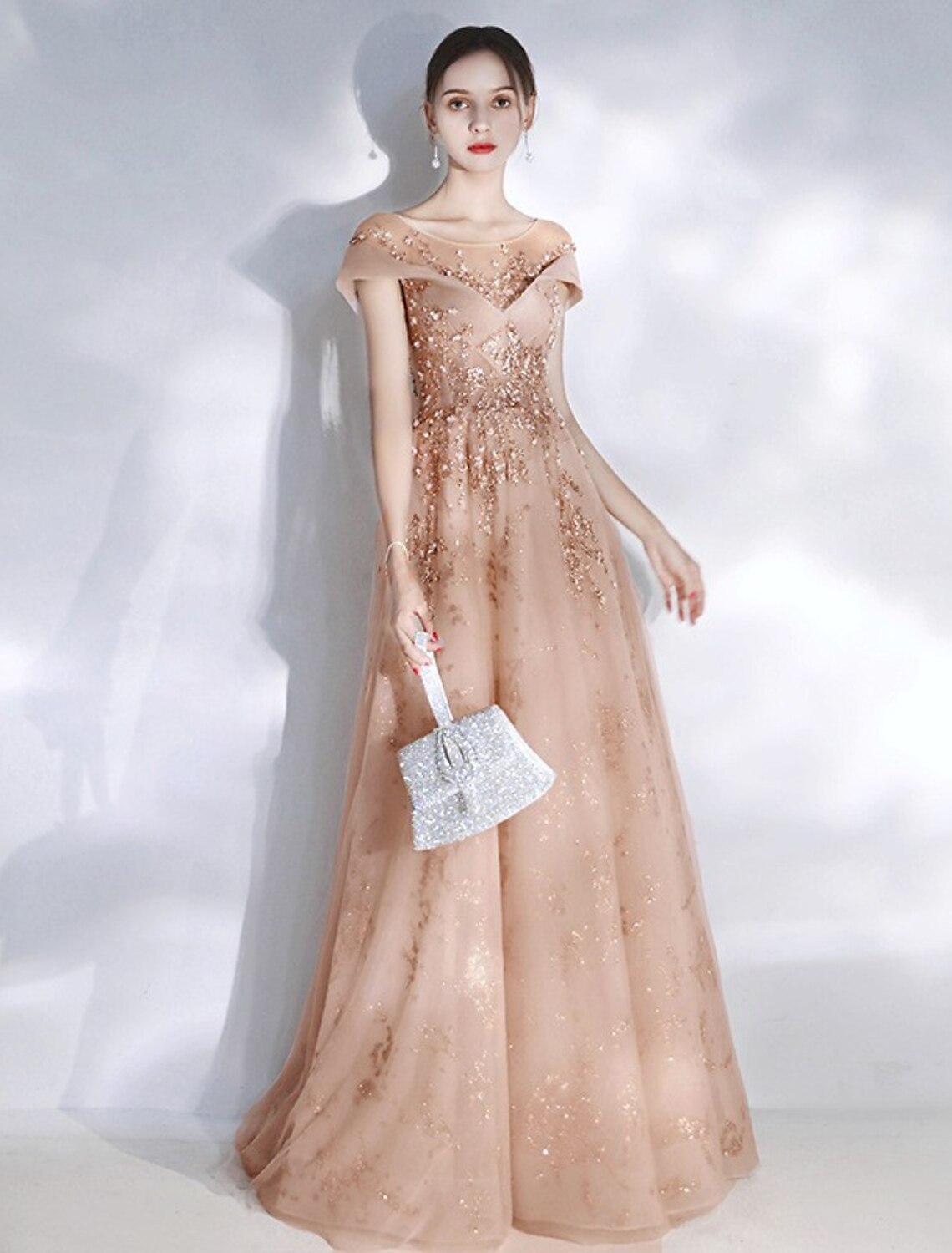 A-Line Prom Dresses Jewel Neck Short Sleeve Beautiful Back Floor Length Tulle with Crystals / Bandage