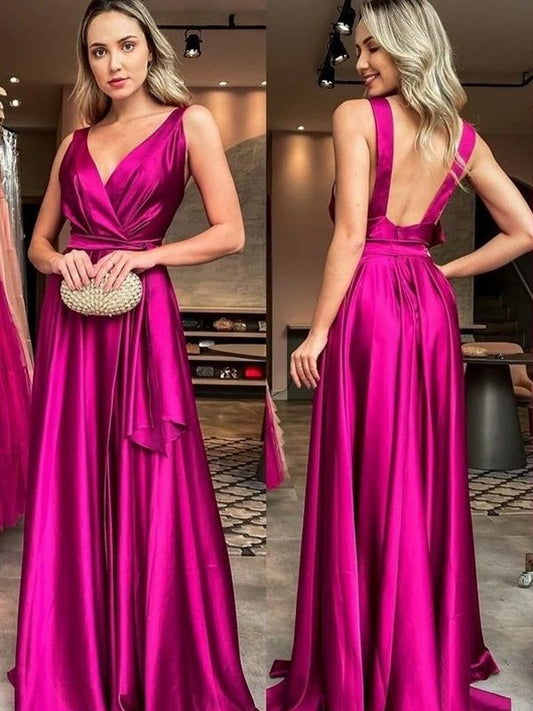 A-Line/Princess Woven Satin Ruffles V-neck Sleeveless Sweep/Brush Train Dresses