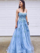 A-Line/Princess Tulle Applique Spaghetti Straps Sleeveless Sweep/Brush Train Dresses