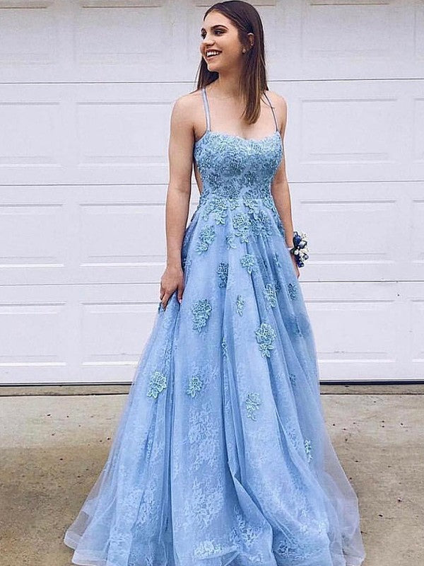 A-Line/Princess Tulle Applique Spaghetti Straps Sleeveless Sweep/Brush Train Dresses