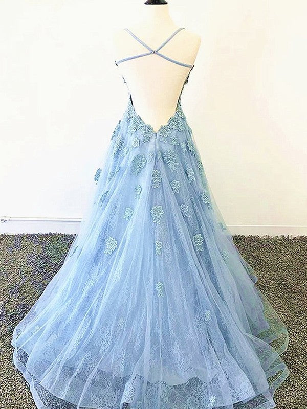 A-Line/Princess Tulle Applique Spaghetti Straps Sleeveless Sweep/Brush Train Dresses