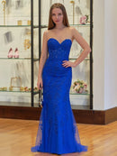 Stunning mermaid strapless sweetheart lace-appliqué corset lace-up-back tulle long prom gown