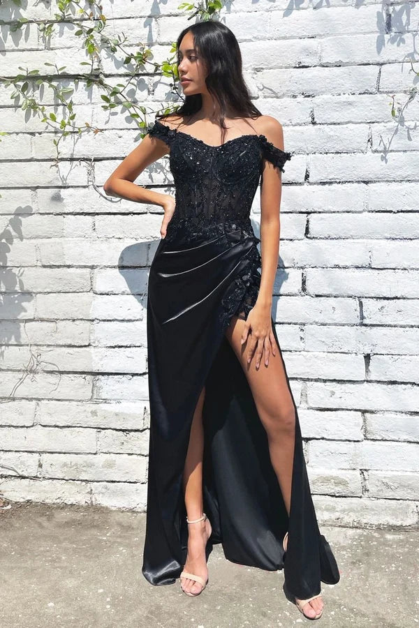 Black Off Shoulder Lace Mermaid Prom Gown