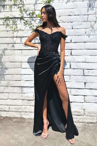 Black Off Shoulder Lace Mermaid Prom Gown