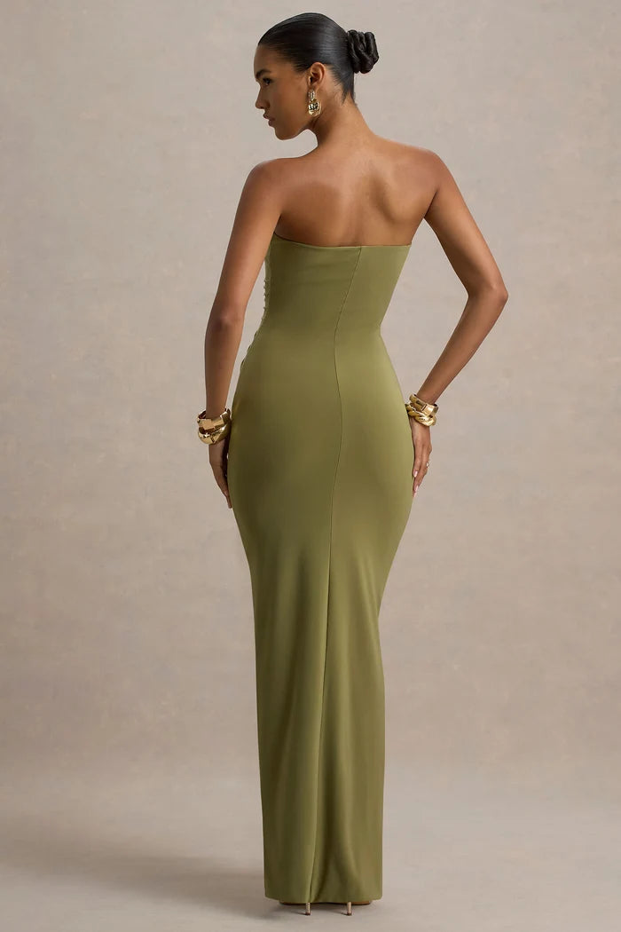 Olive Green Jersey Sheath Column Sweetheart Zipper Back Floor Length Dress Back View - Aabei Dress