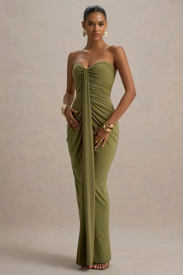 Olive Green Jersey Sheath Column Sweetheart Zipper Back Floor Length Dress Front View - Aabei Dress