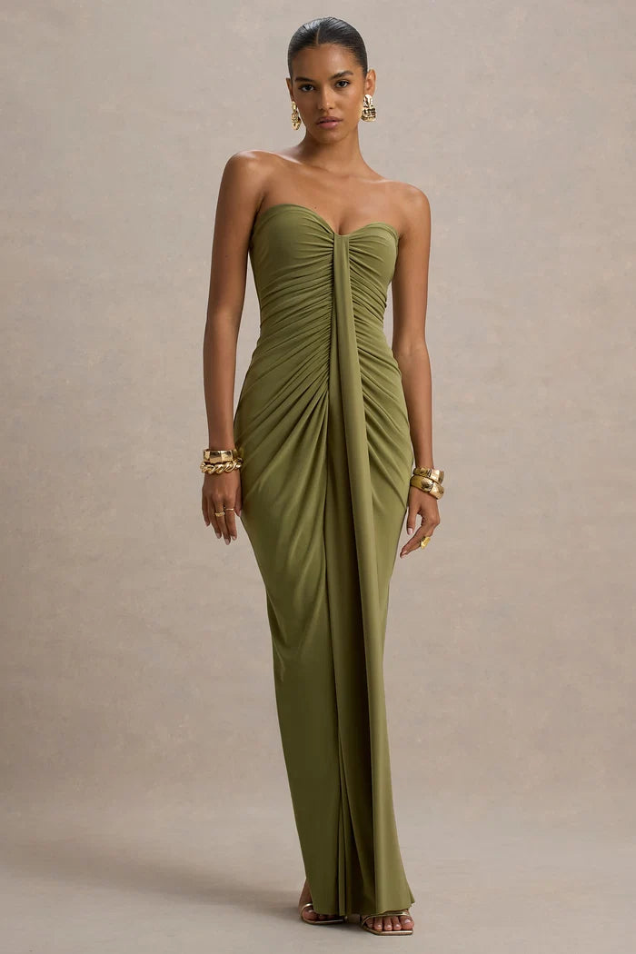 Olive Green Jersey Sheath Column Sweetheart Zipper Back Floor Length Dress - Aabei Dress