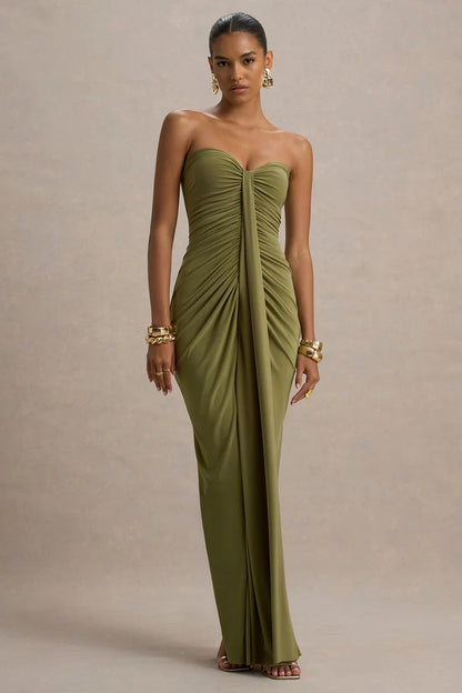Olive Green Jersey Sheath Column Sweetheart Zipper Back Floor Length Dress - Aabei Dress