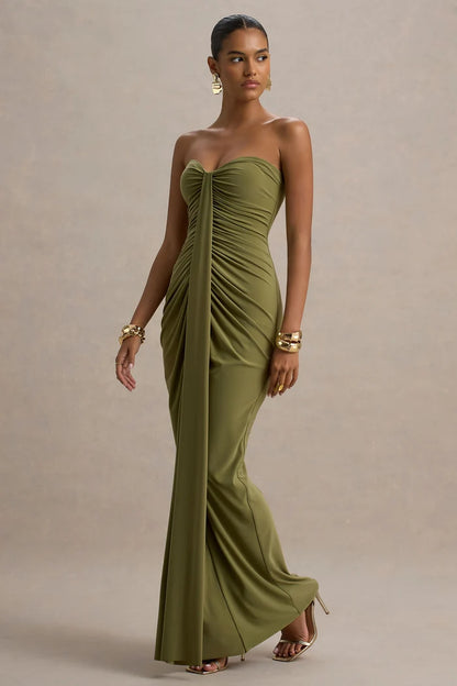 Olive Green Jersey Sheath Column Sweetheart Zipper Back Floor Length Dress - Aabei Dress