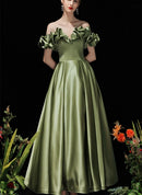 Olive Green Satin A-Line Off-the-Shoulder Floor-Length Dress - Aabei Dress