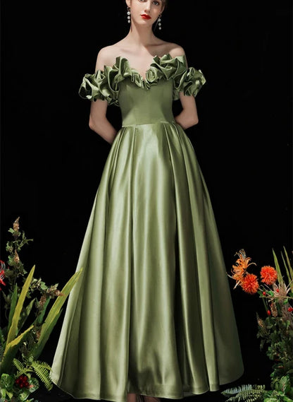 Olive Green Satin A-Line Off-the-Shoulder Floor-Length Dress - Aabei Dress