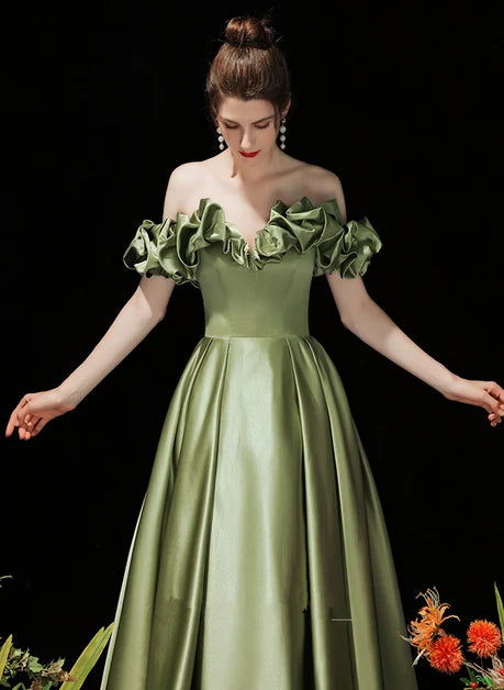 Olive Green Satin A-Line Off-the-Shoulder Floor-Length Dress - Aabei Dress