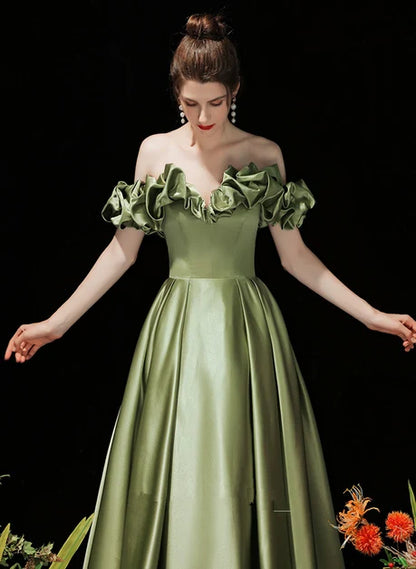Olive Green Satin A-Line Off-the-Shoulder Floor-Length Dress - Aabei Dress