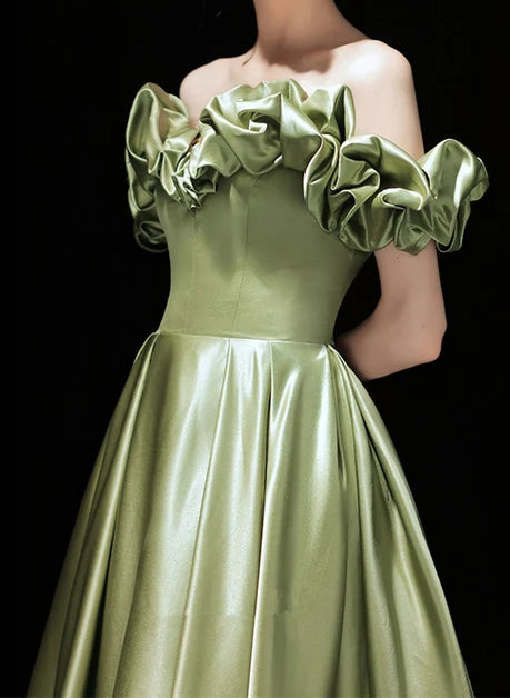 Olive Green Satin A-Line Off-the-Shoulder Floor-Length Dress - Aabei Dress