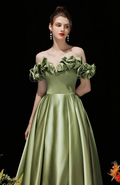 Olive Green Satin A-Line Off-the-Shoulder Floor-Length Dress - Aabei Dress