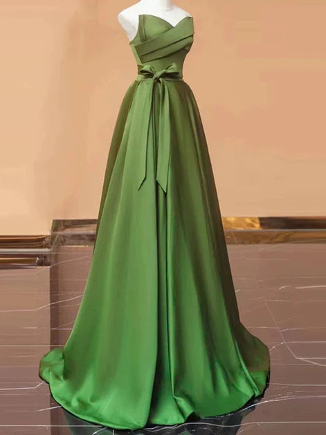 Olive Green Satin A-Line Sweetheart Zipper Back Floor-Length Dress Front View - Aabei Dress