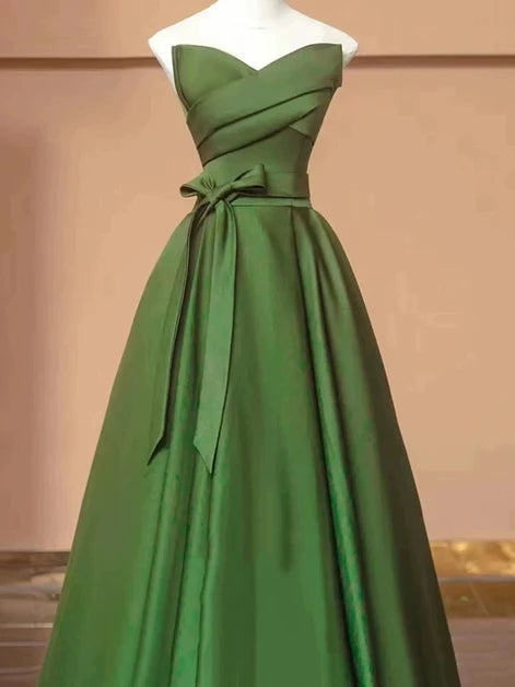 Olive Green Satin A-Line Sweetheart Zipper Back Floor-Length Dress - Aabei Dress