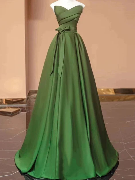 Olive Green Satin A-Line Sweetheart Zipper Back Floor-Length Dress - Aabei Dress