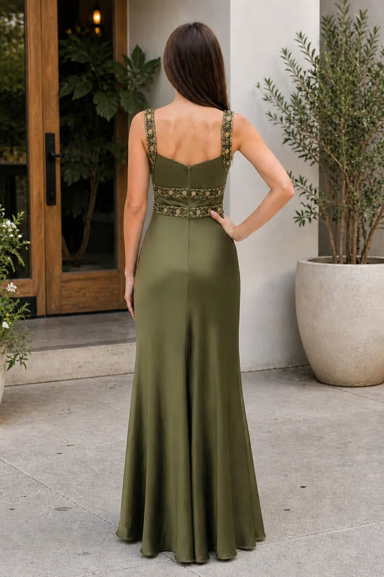 Olive Green Satin Sheath Column Sweetheart Zipper Back Floor-Length Dress Back View - Aabei Dress