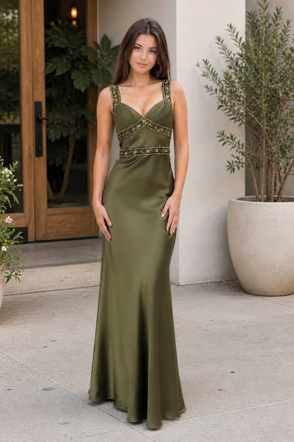 Olive Green Satin Sheath Column Sweetheart Zipper Back Floor-Length Dress Front View - Aabei Dress