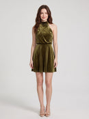Olive Green Velvet A-Line Halter Keyhole Back Short Dress Front View - Aabei Dress