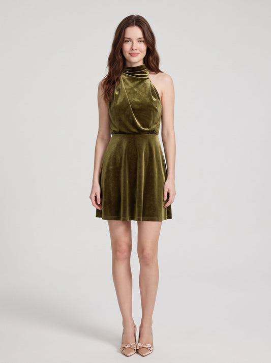 Olive Green Velvet A-Line Halter Keyhole Back Short Dress Front View - Aabei Dress