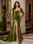 Olive Green Velvet sheath-column sweetheart zipper-back floor-length Dress Front View - Aabei Dress
