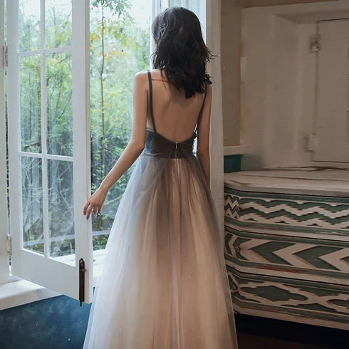 Ombre Grey Tulle A-Line V-Neck Low-Back Floor-Length Dress Back View - Aabei Dress