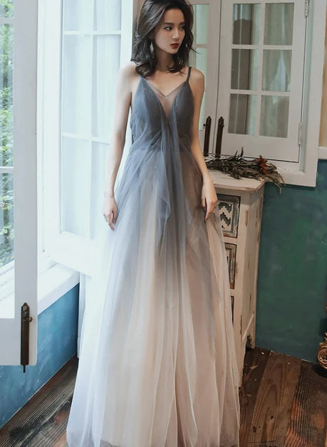 Ombre Grey Tulle A-Line V-Neck Low-Back Floor-Length Dress Front View - Aabei Dress