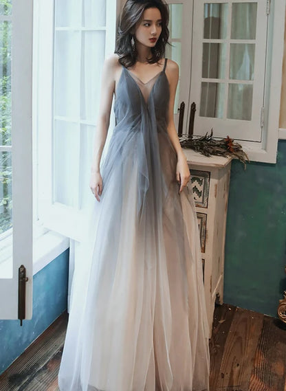 Ombre Grey Tulle A-Line V-Neck Low-Back Floor-Length Dress Front View - Aabei Dress
