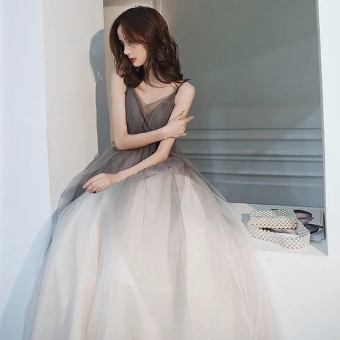 Ombre Grey Tulle A-Line V-Neck Low-Back Floor-Length Dress - Aabei Dress
