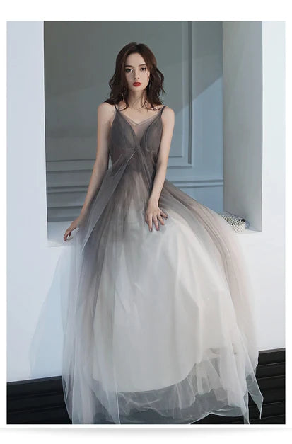 Ombre Grey Tulle A-Line V-Neck Low-Back Floor-Length Dress - Aabei Dress