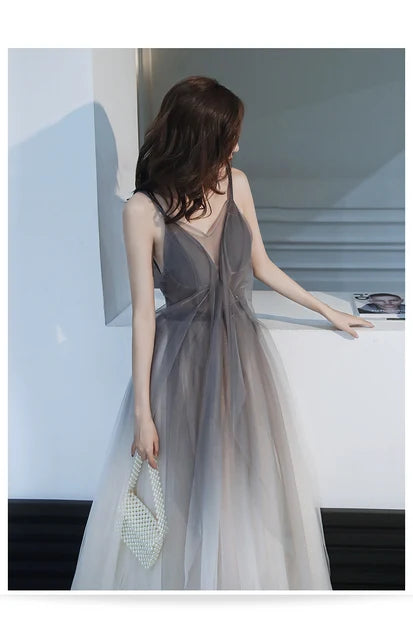 Ombre Grey Tulle A-Line V-Neck Low-Back Floor-Length Dress - Aabei Dress