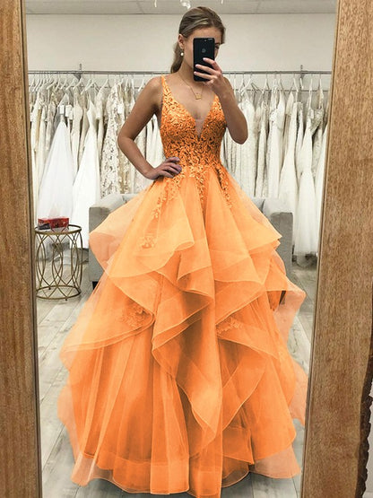 Ball Gown A-Line Prom Dresses Princess Dress Formal Wedding Guest Floor Length Sleeveless V Neck Tulle Backless with Pleats Ruched Appliques