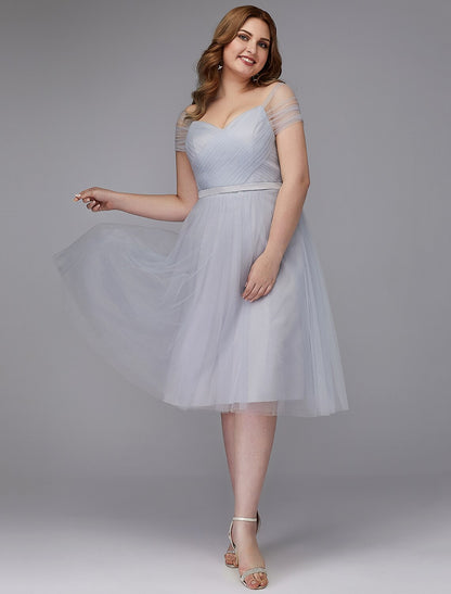 A-Line Elegant Dress Wedding Guest Cocktail Party Tea Length Short Sleeve Off Shoulder Tulle with Sash / Ribbon Cross Evening Dresses