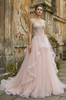 Blushing Pink Tulle and Lace Ball Gown Sweetheart Floor Length Dress